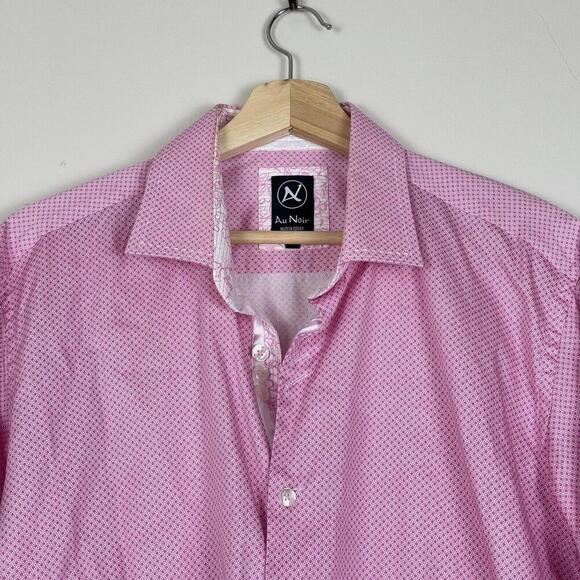Au Noir Pink Dress Shirt Geometric Pattern French Cuffs Leather Cufflink Size 5 - Picture 4 of 12